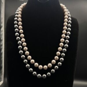 Vintage Two Strand Silver Faux Pearl Necklace 17 in Knotted‎ Heavy 69g Flapper